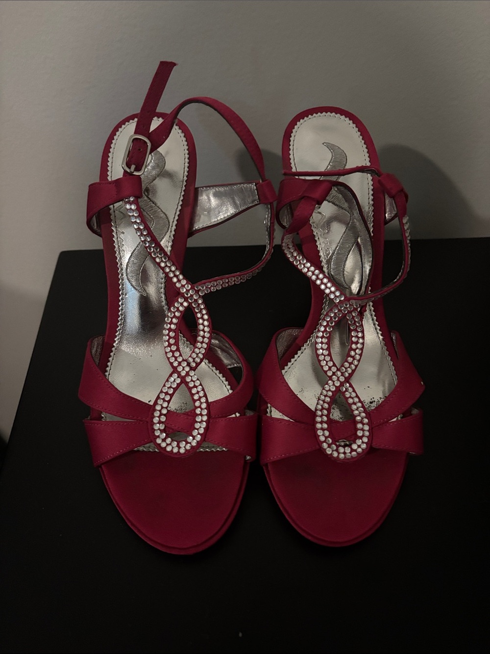 Nina Fuchsia Satin Crystal-Embellished Strappy Heels